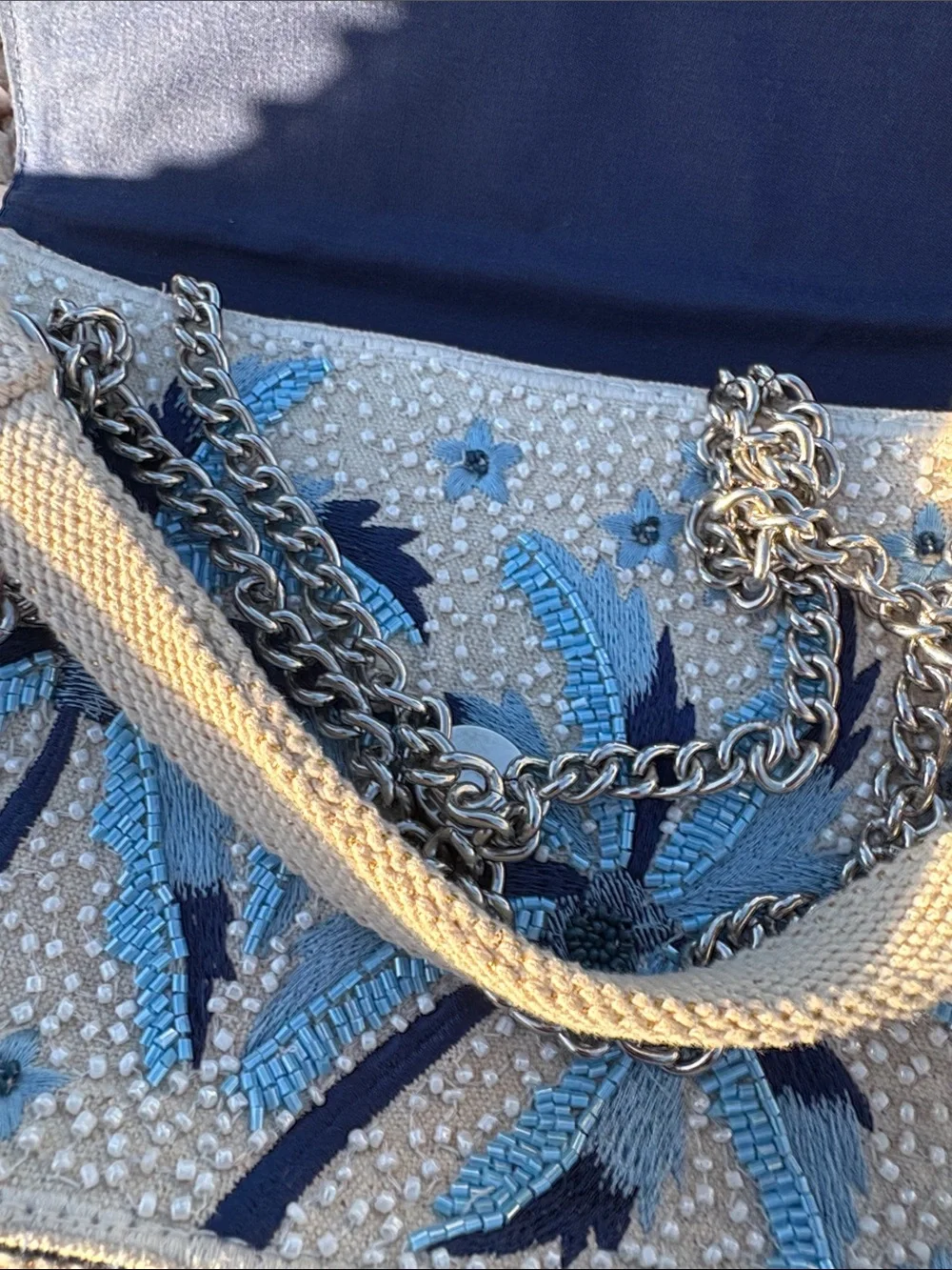 Beaded Palm Embroidered Clutch in Cream and Blue